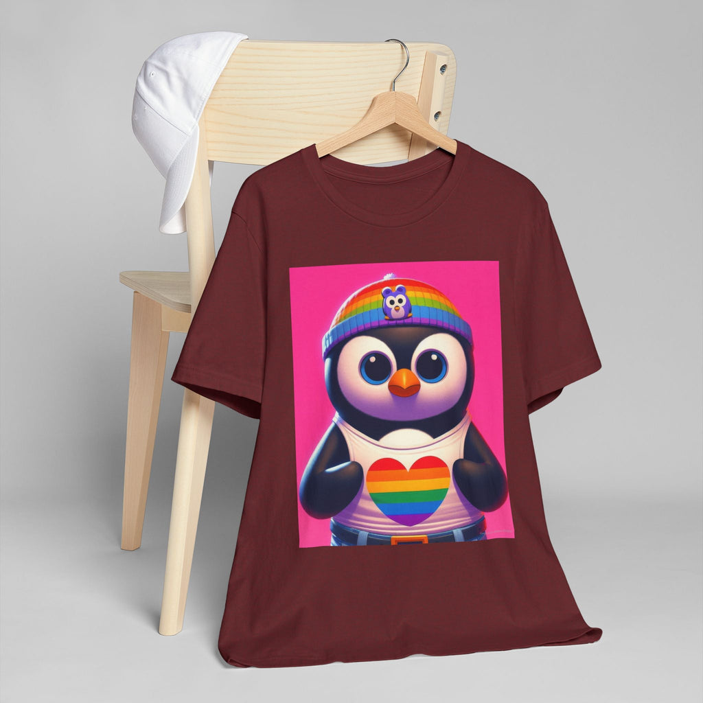 Proud Luz the Penguin Unisex Jersey T-Shirt - Colorful Rainbow Graphic Tee - Gregg Acini Adoree Designs - T-Shirt