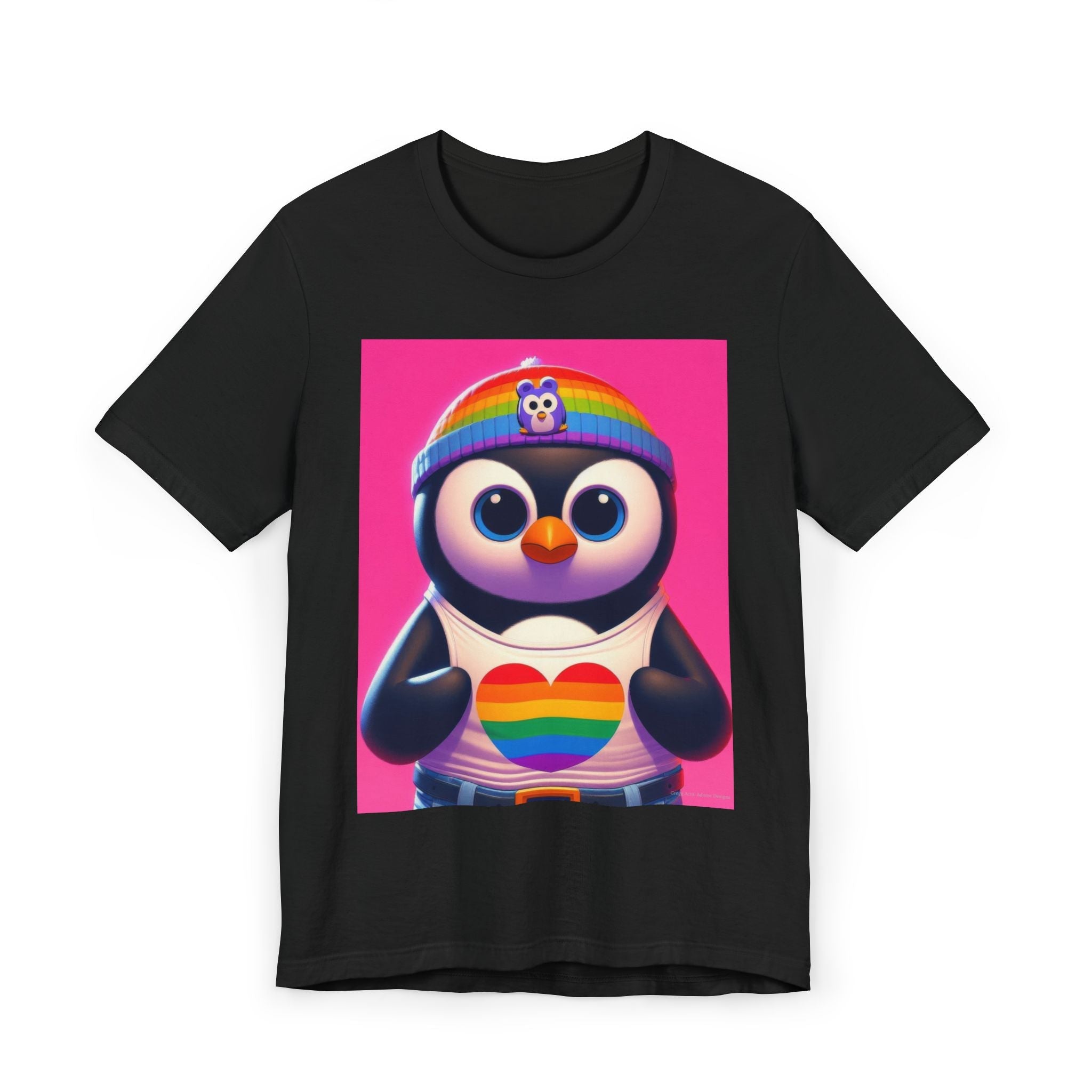 Proud Luz the Penguin Unisex Jersey T-Shirt - Colorful Rainbow Graphic Tee - Gregg Acini Adoree Designs - T-Shirt