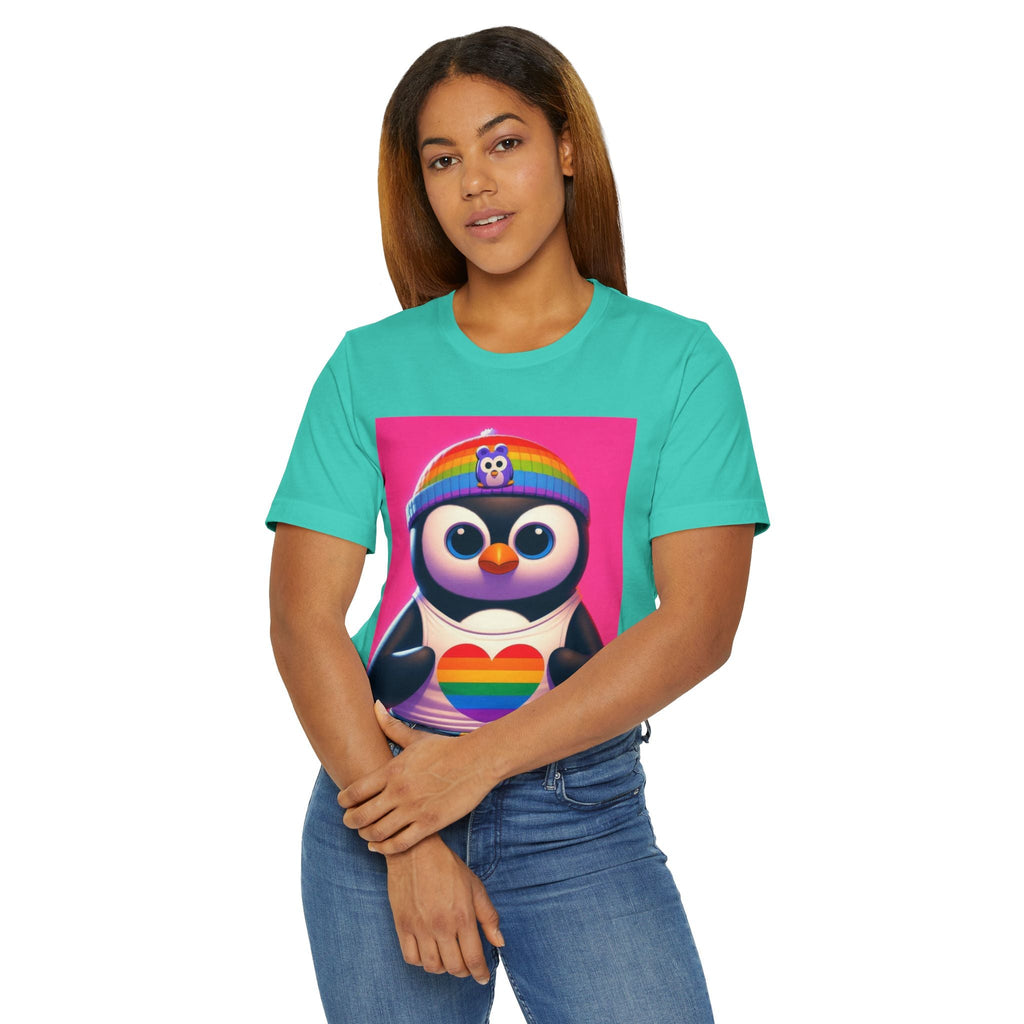 Proud Luz the Penguin Unisex Jersey T-Shirt - Colorful Rainbow Graphic Tee - Gregg Acini Adoree Designs - T-Shirt
