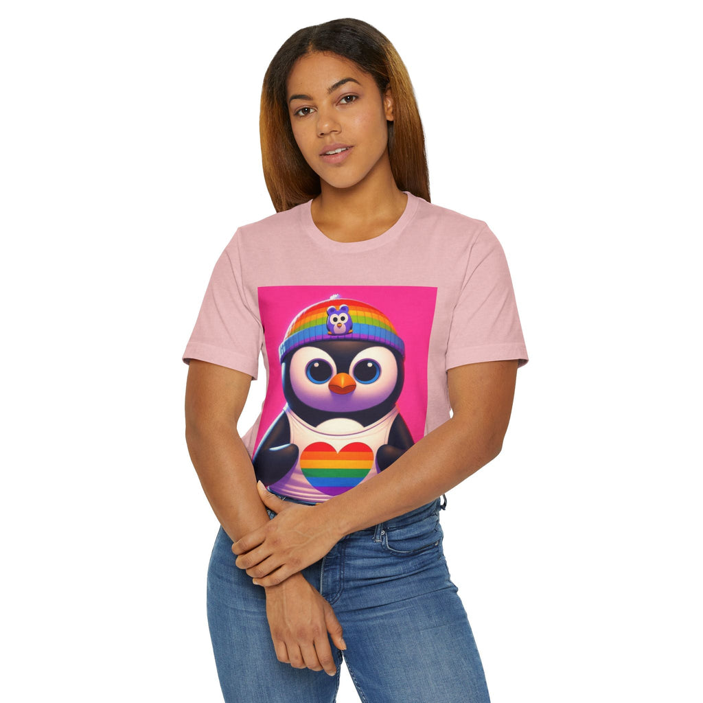 Proud Luz the Penguin Unisex Jersey T-Shirt - Colorful Rainbow Graphic Tee - Gregg Acini Adoree Designs - T-Shirt