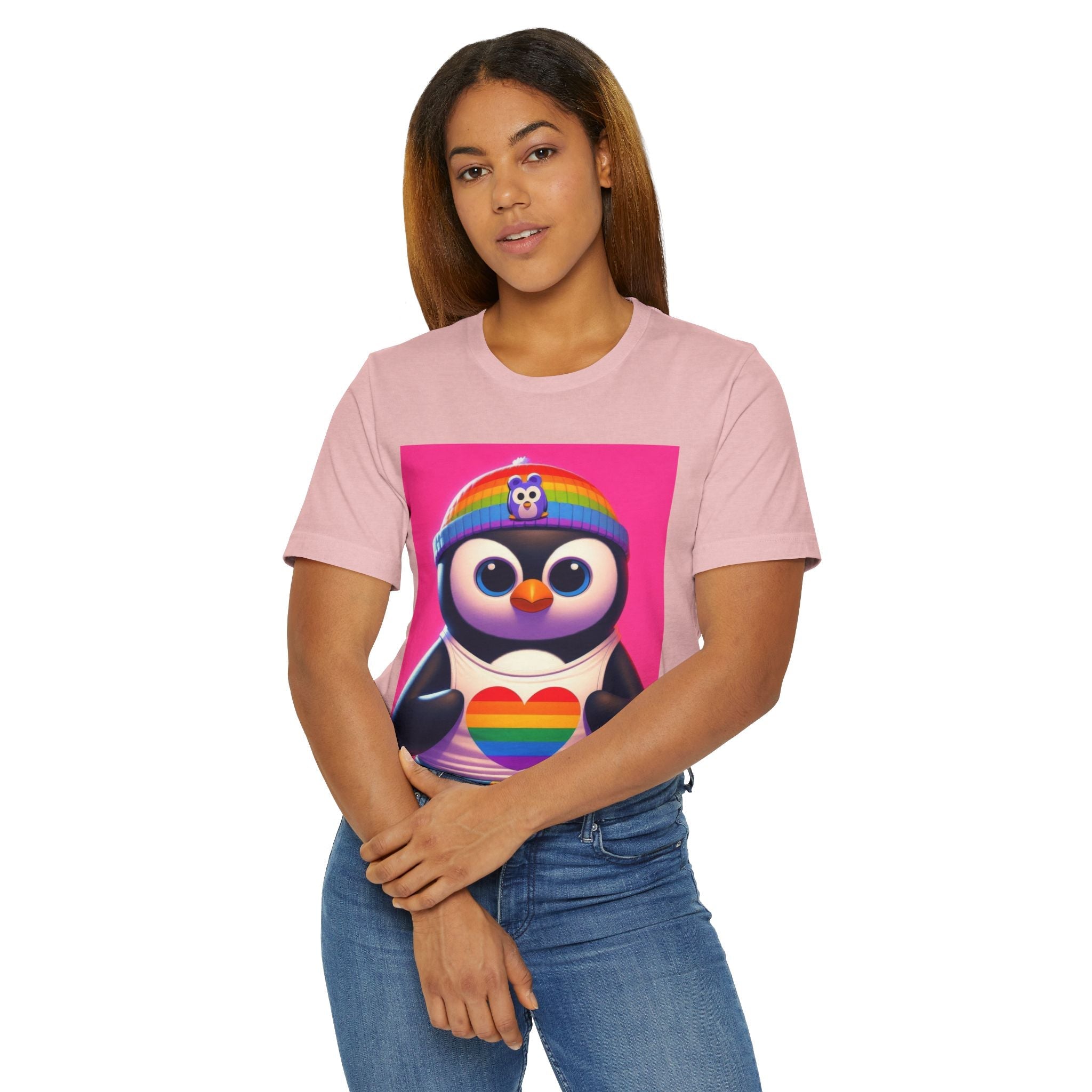 Proud Luz the Penguin Unisex Jersey T-Shirt - Colorful Rainbow Graphic Tee - Gregg Acini Adoree Designs - T-Shirt