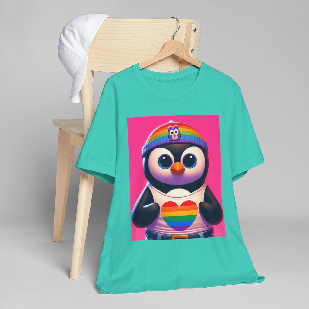 Proud Luz the Penguin Unisex Jersey T-Shirt - Colorful Rainbow Graphic Tee - Gregg Acini Adoree Designs - T-Shirt