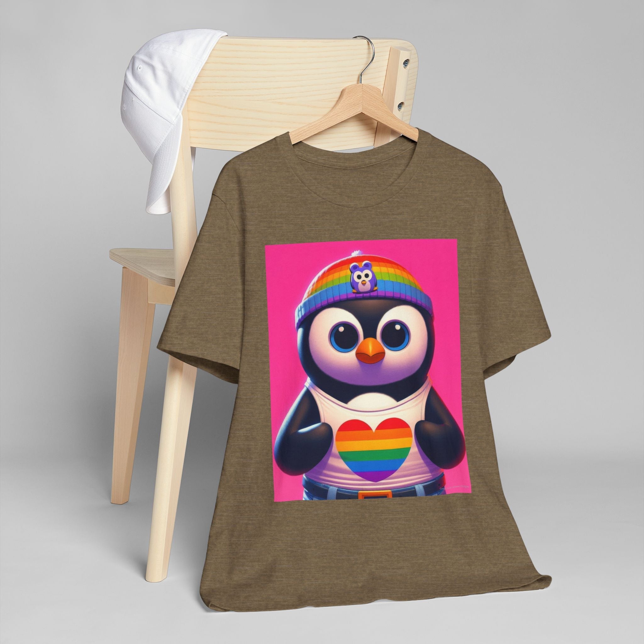 Proud Luz the Penguin Unisex Jersey T-Shirt - Colorful Rainbow Graphic Tee - Gregg Acini Adoree Designs - T-Shirt
