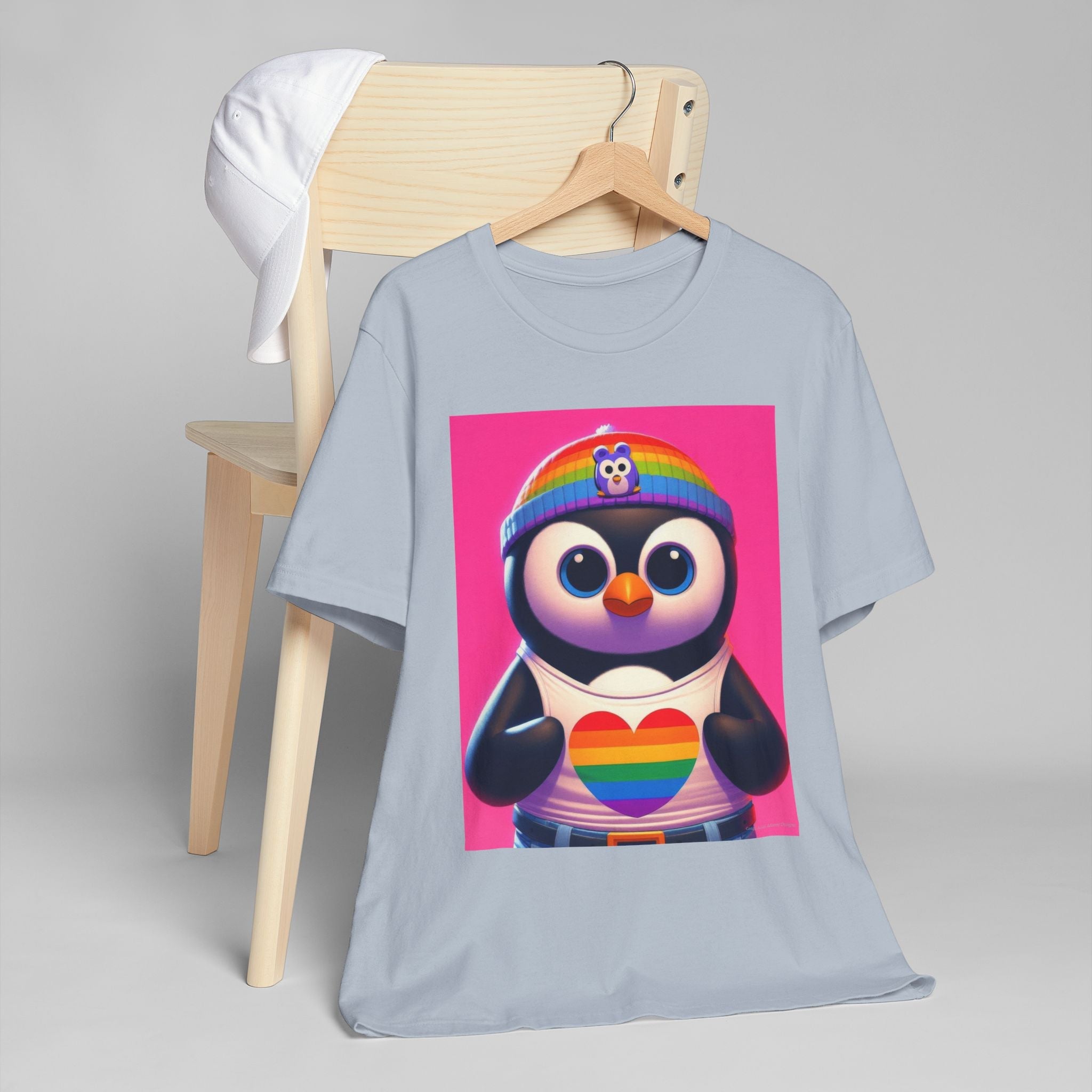 Proud Luz the Penguin Unisex Jersey T-Shirt - Colorful Rainbow Graphic Tee - Gregg Acini Adoree Designs - T-Shirt