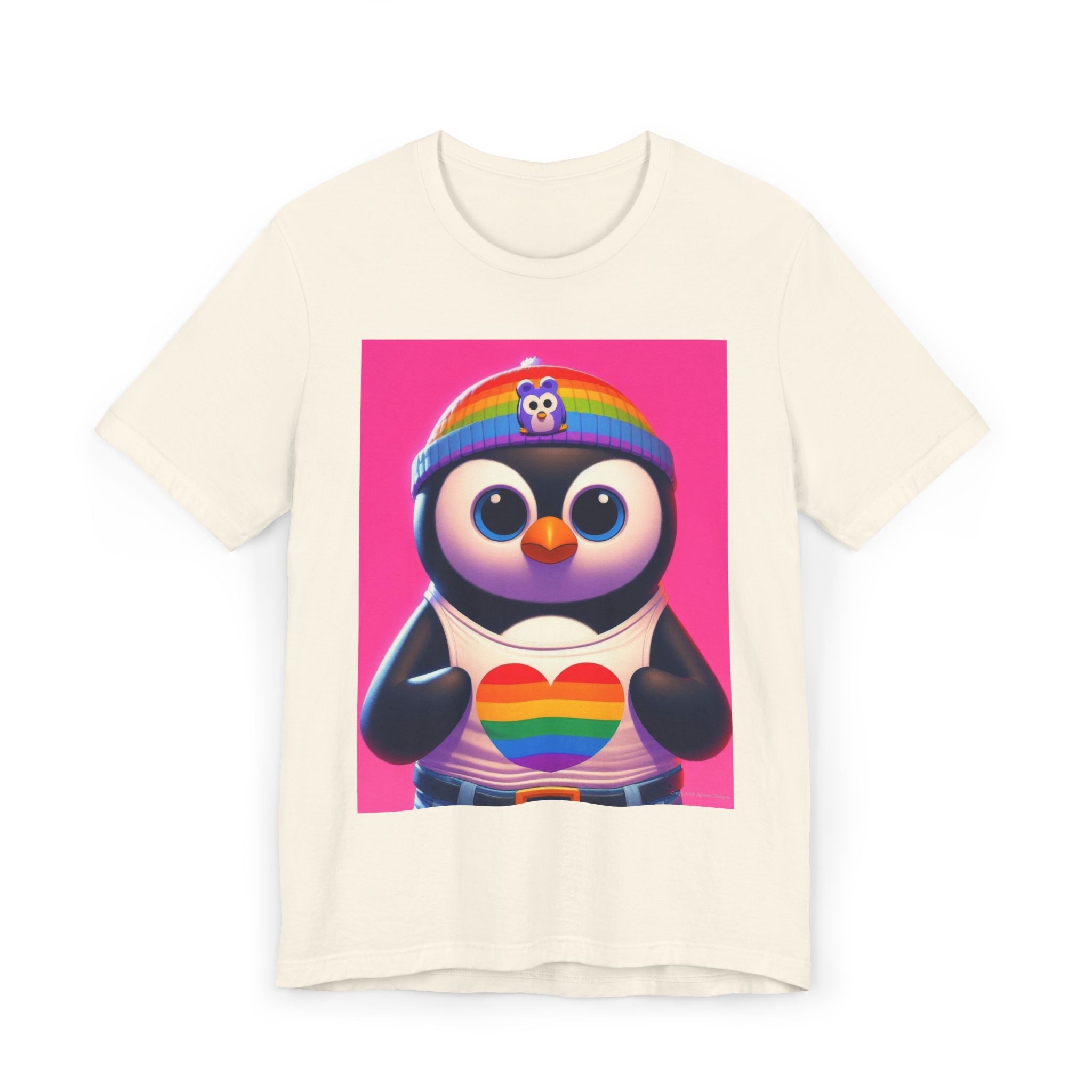 Proud Luz the Penguin Unisex Jersey T-Shirt - Colorful Rainbow Graphic Tee - Gregg Acini Adoree Designs - T-Shirt