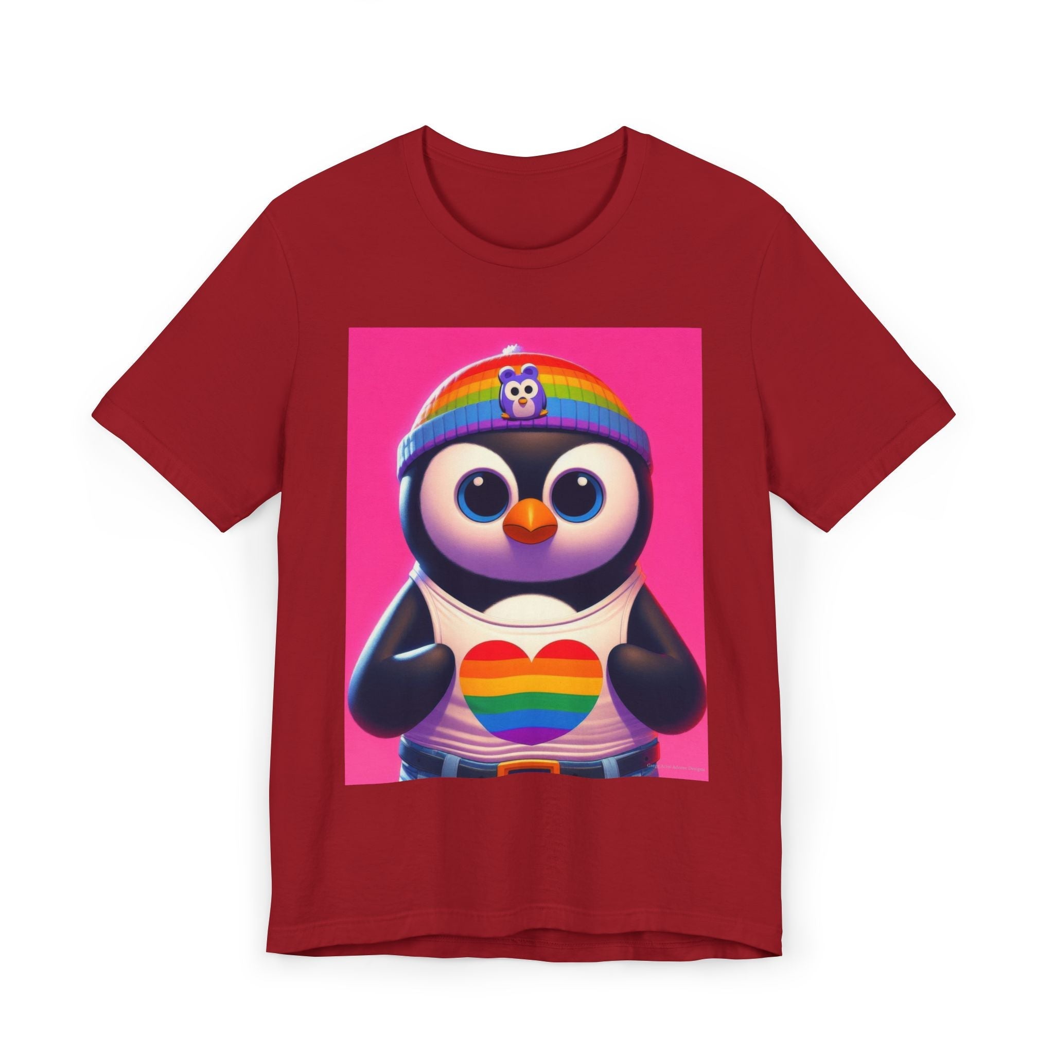 Proud Luz the Penguin Unisex Jersey T-Shirt - Colorful Rainbow Graphic Tee - Gregg Acini Adoree Designs - T-Shirt