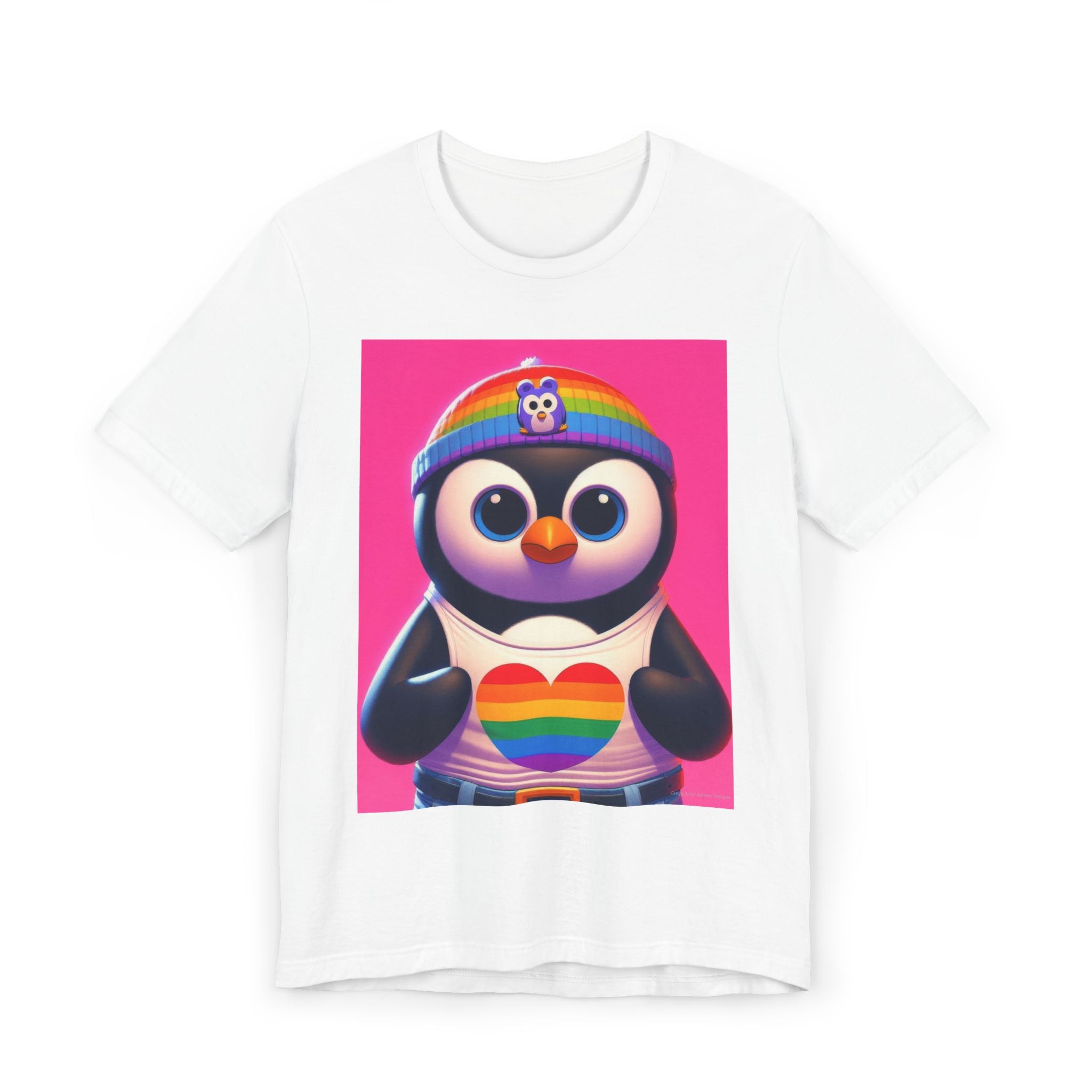 Proud Luz the Penguin Unisex Jersey T-Shirt - Colorful Rainbow Graphic Tee - Gregg Acini Adoree Designs - T-Shirt