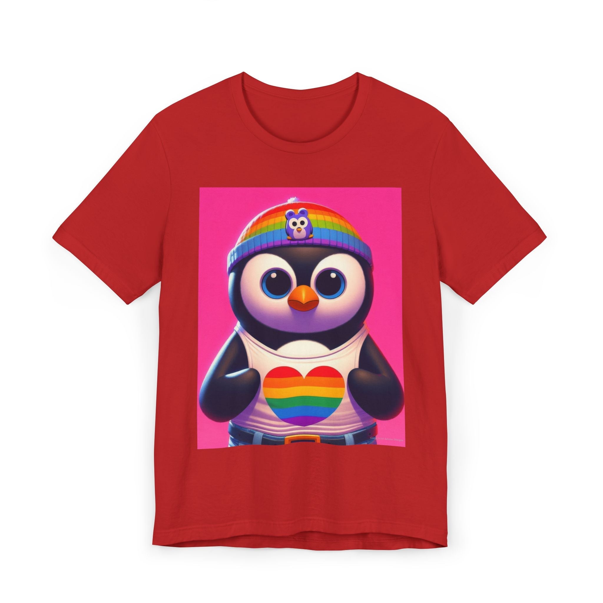 Proud Luz the Penguin Unisex Jersey T-Shirt - Colorful Rainbow Graphic Tee - Gregg Acini Adoree Designs - T-Shirt