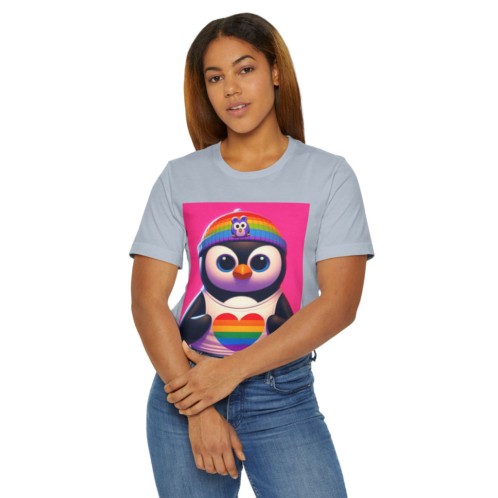 Proud Luz the Penguin Unisex Jersey T-Shirt - Colorful Rainbow Graphic Tee - Gregg Acini Adoree Designs - T-Shirt