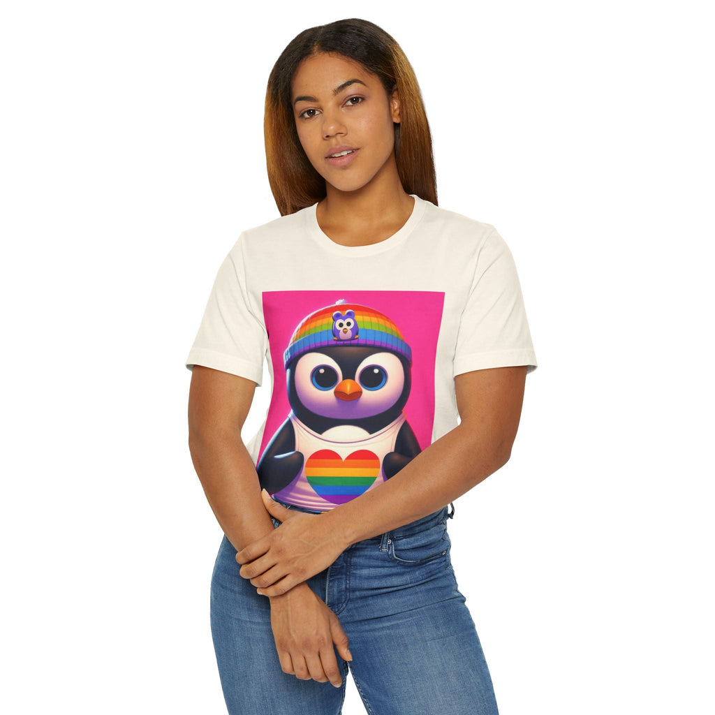 Proud Luz the Penguin Unisex Jersey T-Shirt - Colorful Rainbow Graphic Tee - Gregg Acini Adoree Designs - T-Shirt