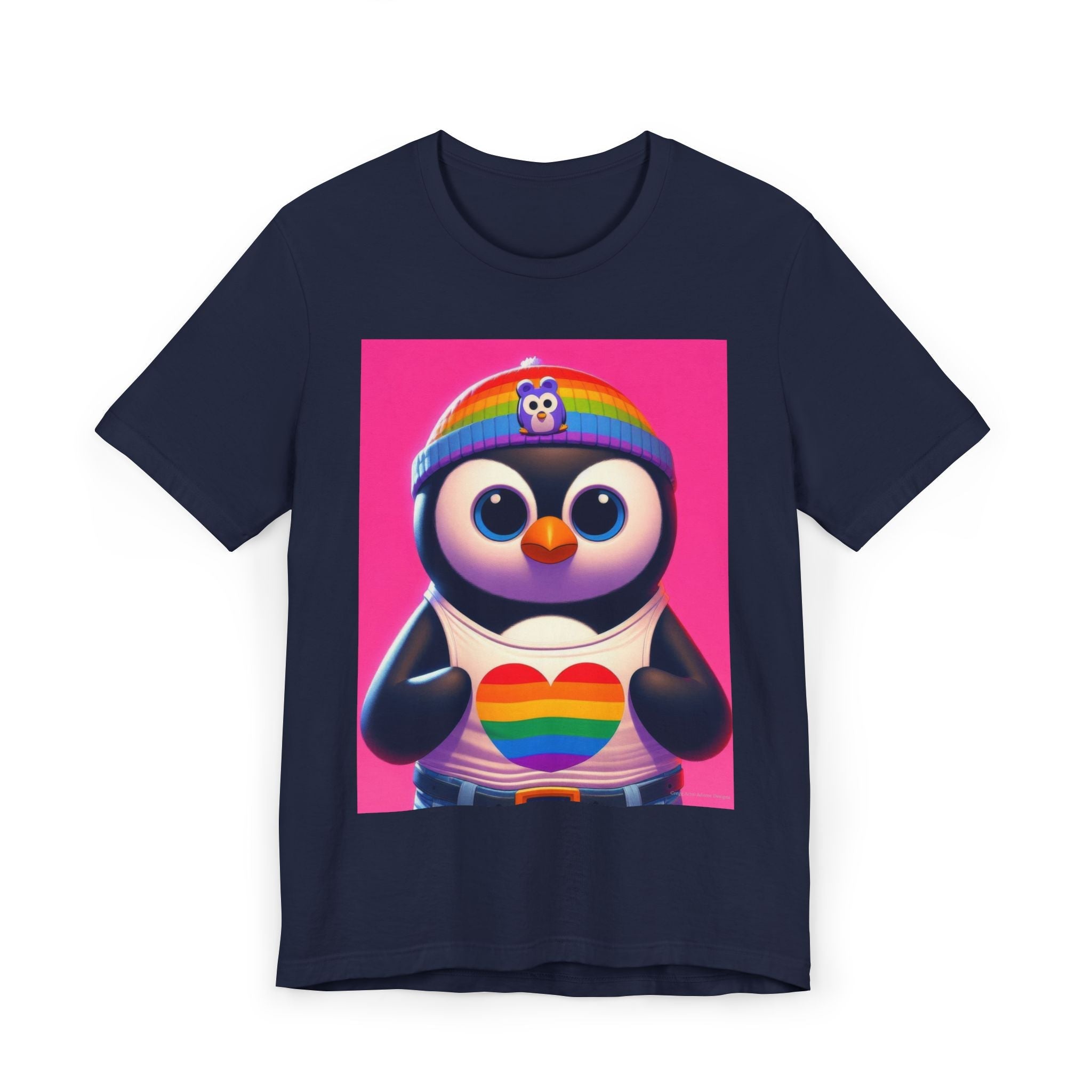 Proud Luz the Penguin Unisex Jersey T-Shirt - Colorful Rainbow Graphic Tee - Gregg Acini Adoree Designs - T-Shirt