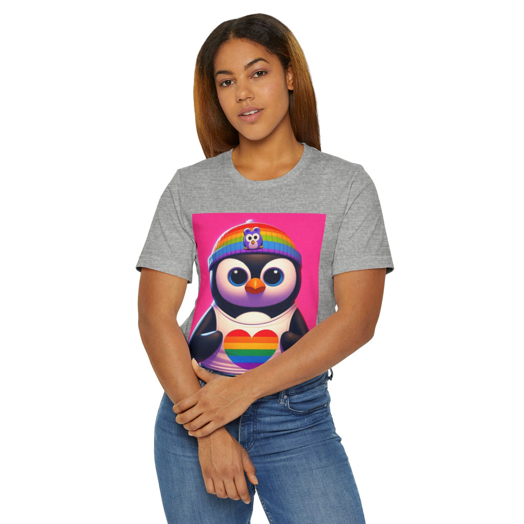 Proud Luz the Penguin Unisex Jersey T-Shirt - Colorful Rainbow Graphic Tee - Gregg Acini Adoree Designs - T-Shirt