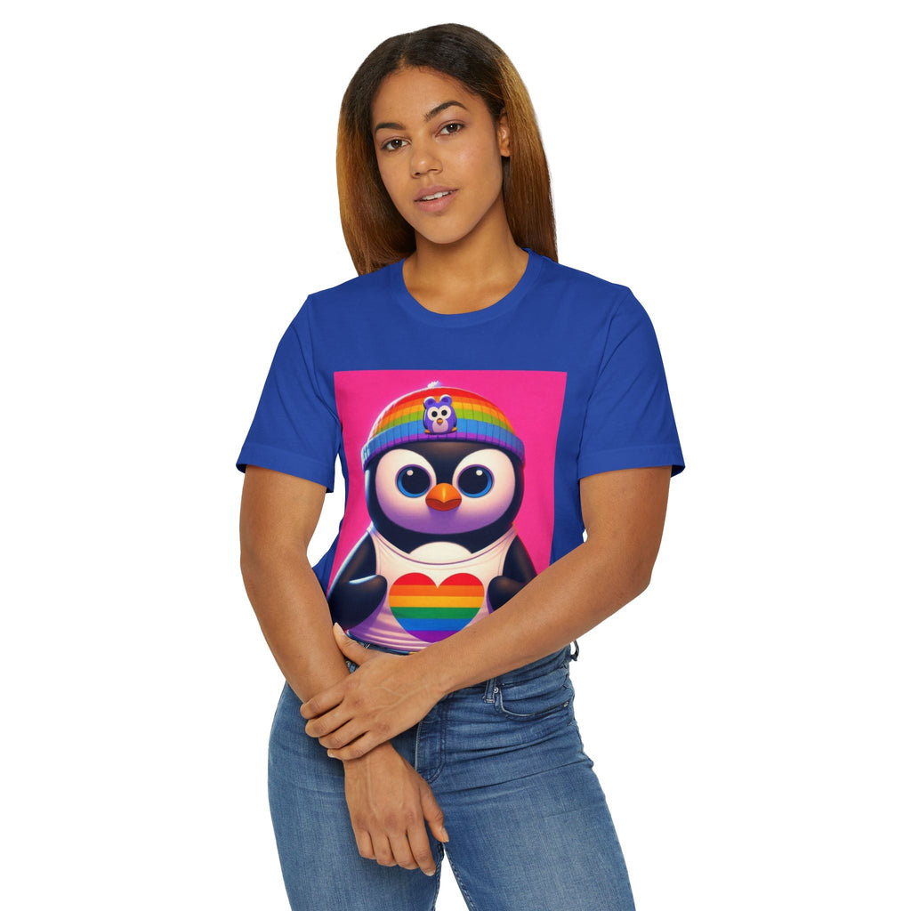 Proud Luz the Penguin Unisex Jersey T-Shirt - Colorful Rainbow Graphic Tee - Gregg Acini Adoree Designs - T-Shirt