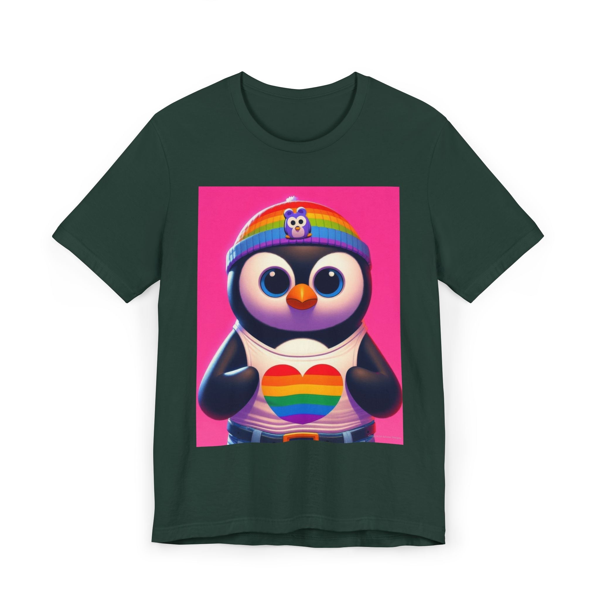 Proud Luz the Penguin Unisex Jersey T-Shirt - Colorful Rainbow Graphic Tee - Gregg Acini Adoree Designs - T-Shirt