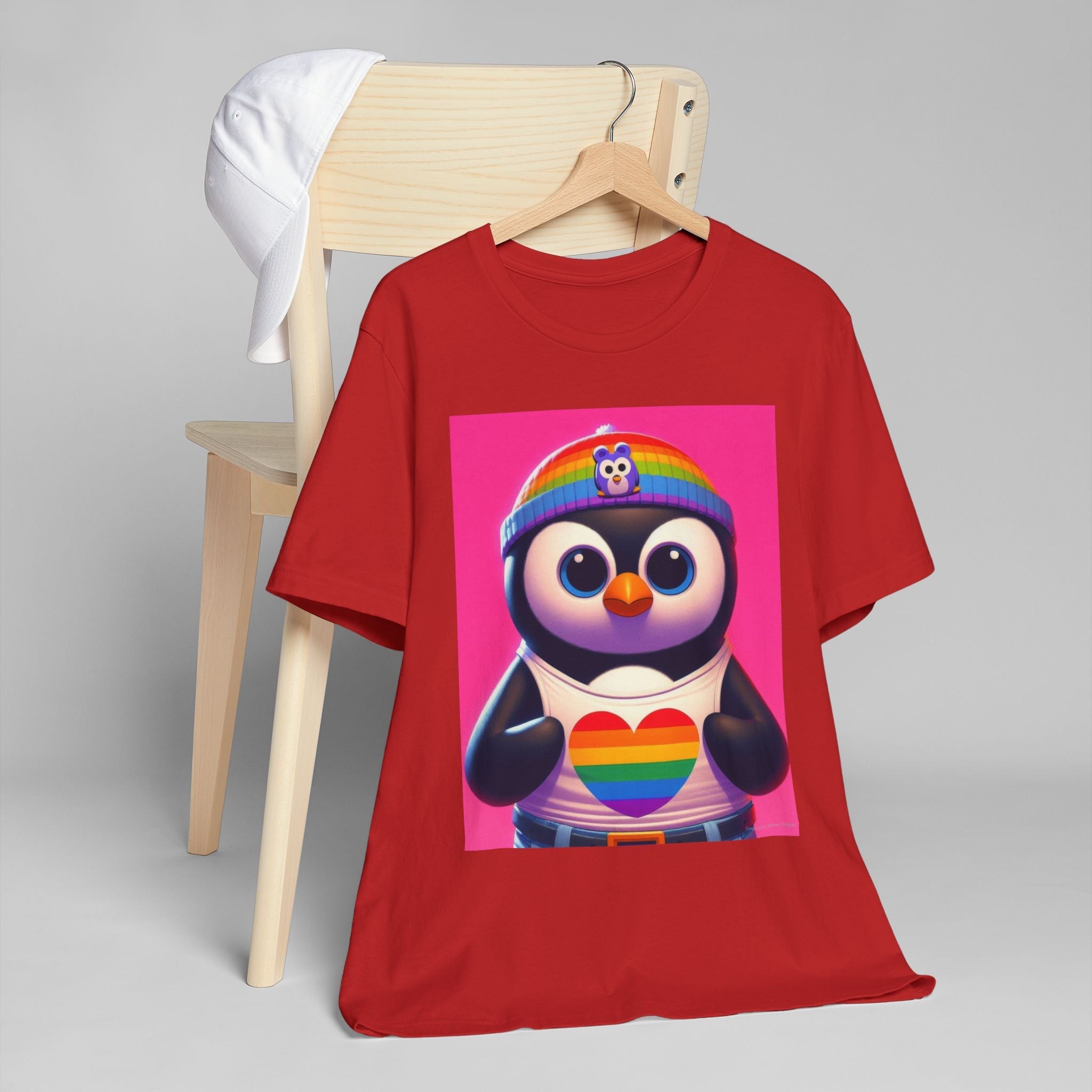 Proud Luz the Penguin Unisex Jersey T-Shirt - Colorful Rainbow Graphic Tee - Gregg Acini Adoree Designs - T-Shirt
