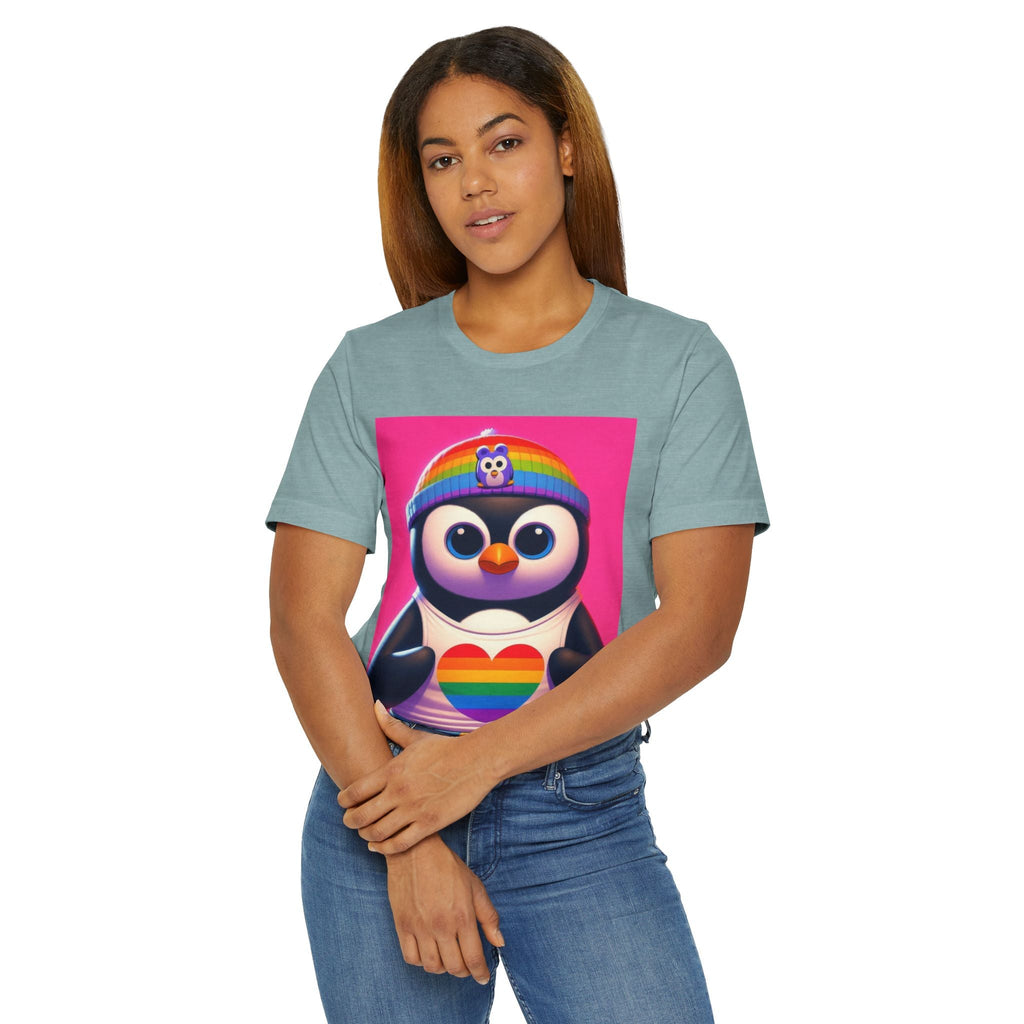 Proud Luz the Penguin Unisex Jersey T-Shirt - Colorful Rainbow Graphic Tee - Gregg Acini Adoree Designs - T-Shirt