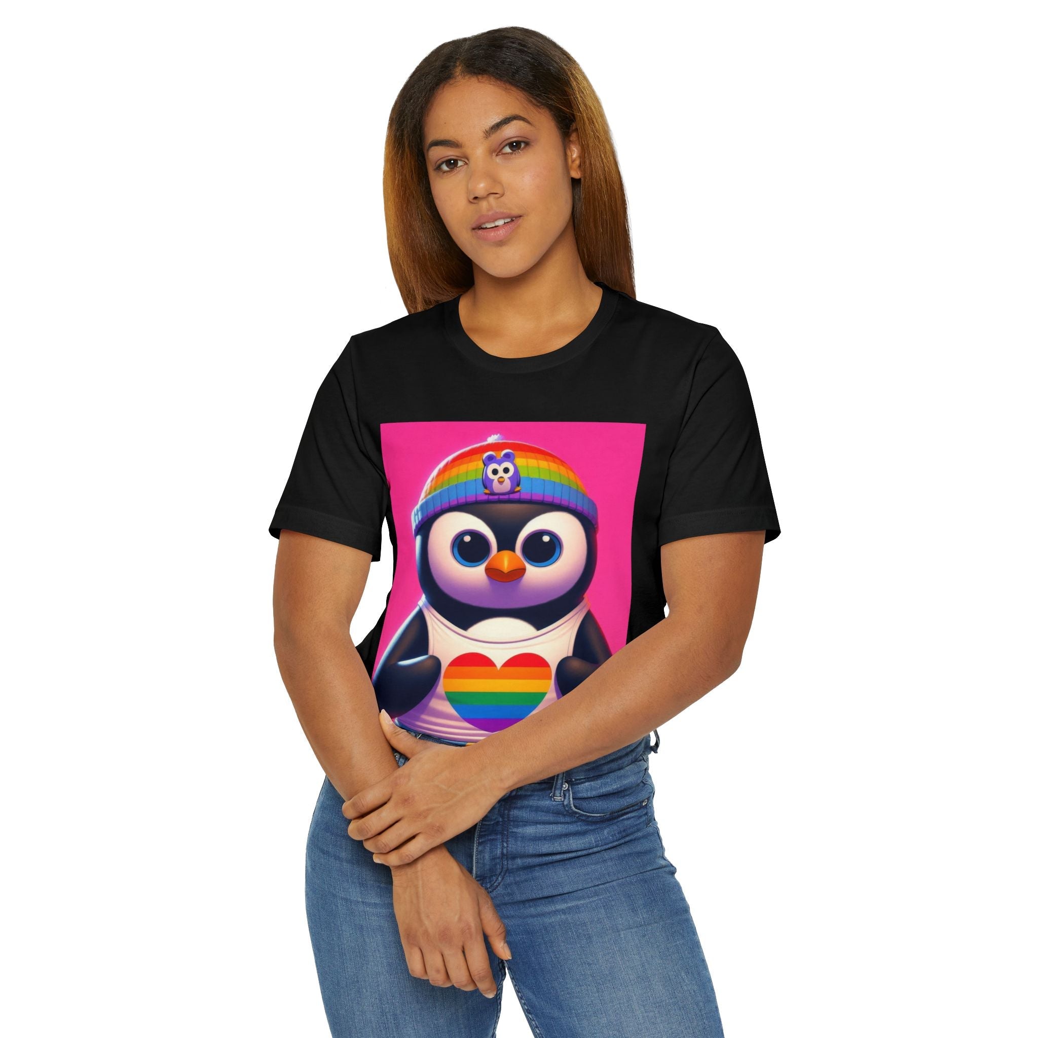 Proud Luz the Penguin Unisex Jersey T-Shirt - Colorful Rainbow Graphic Tee - Gregg Acini Adoree Designs - T-Shirt