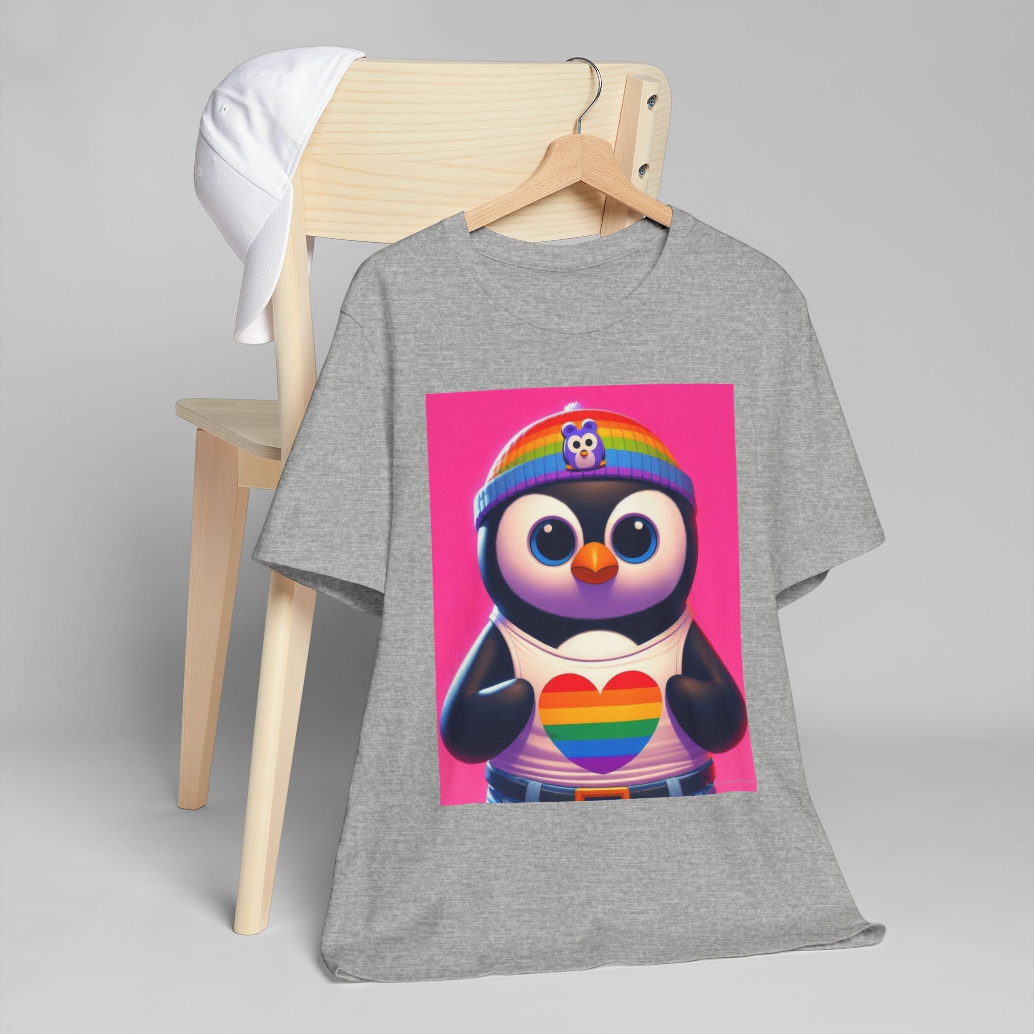 Proud Luz the Penguin Unisex Jersey T-Shirt - Colorful Rainbow Graphic Tee - Gregg Acini Adoree Designs - T-Shirt