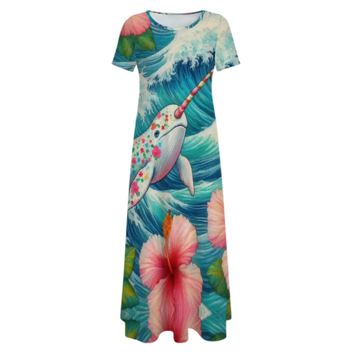 Proud Narwhal with Hibiscus Crew Neck Short Sleeve Maxi Dress - Gregg Acini Adoree Designs - Dress