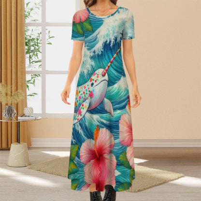 Proud Narwhal with Hibiscus Crew Neck Short Sleeve Maxi Dress - Gregg Acini Adoree Designs - Dress