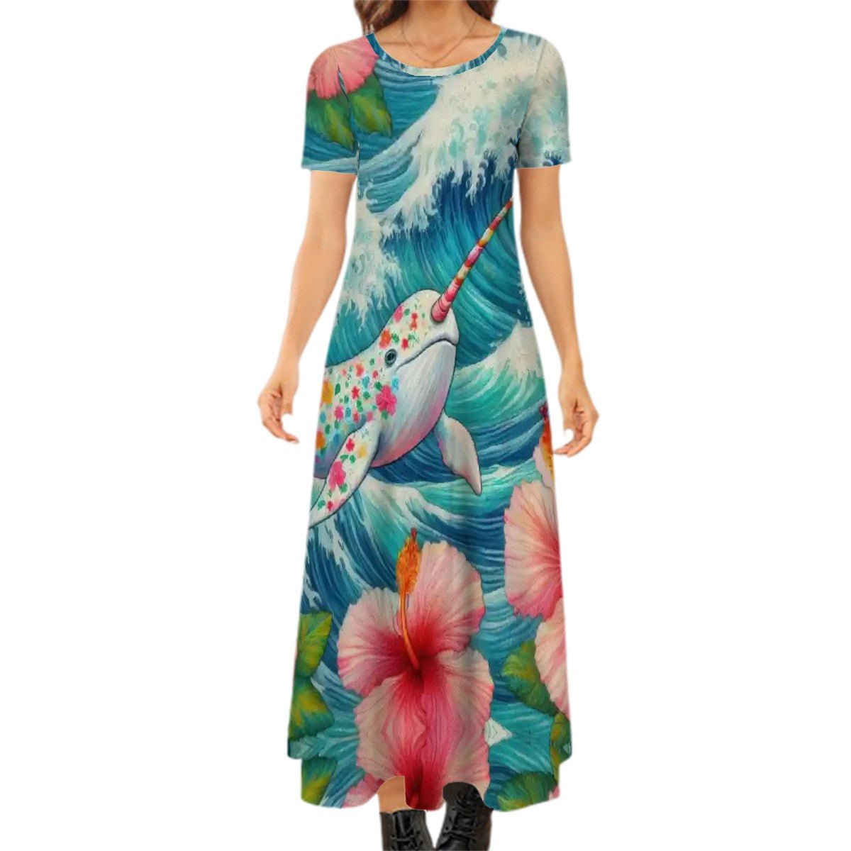 Proud Narwhal with Hibiscus Crew Neck Short Sleeve Maxi Dress - Gregg Acini Adoree Designs - Dress