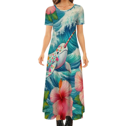 Proud Narwhal with Hibiscus Crew Neck Short Sleeve Maxi Dress - Gregg Acini Adoree Designs - Dress