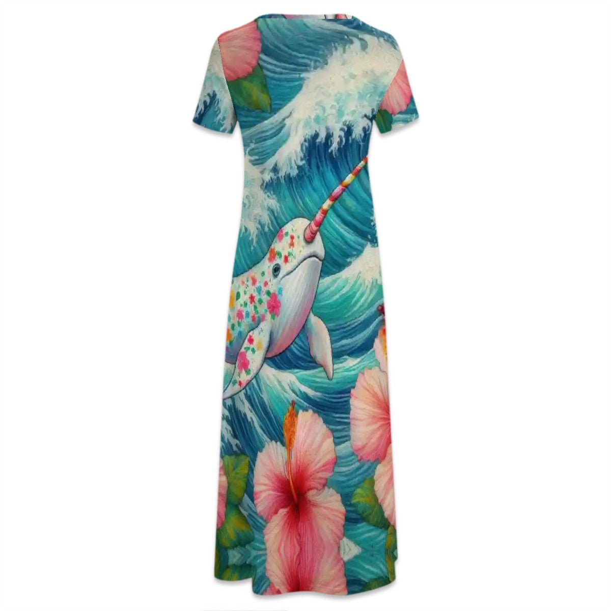 Proud Narwhal with Hibiscus Crew Neck Short Sleeve Maxi Dress - Gregg Acini Adoree Designs - Dress