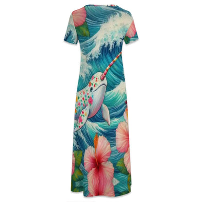 Proud Narwhal with Hibiscus Crew Neck Short Sleeve Maxi Dress - Gregg Acini Adoree Designs - Dress
