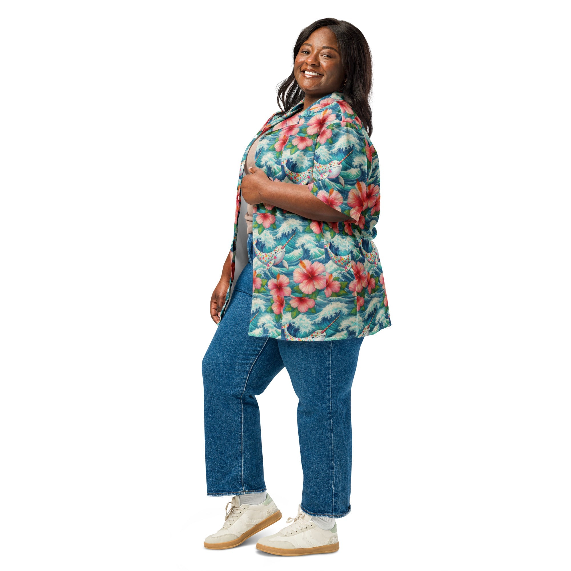 Proud Narwhal with Hibiscus Unisex button shirt - Gregg Acini Adoree Designs - Button Down Shirt