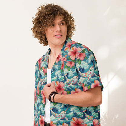 Proud Narwhal with Hibiscus Unisex button shirt - Gregg Acini Adoree Designs - Button Down Shirt