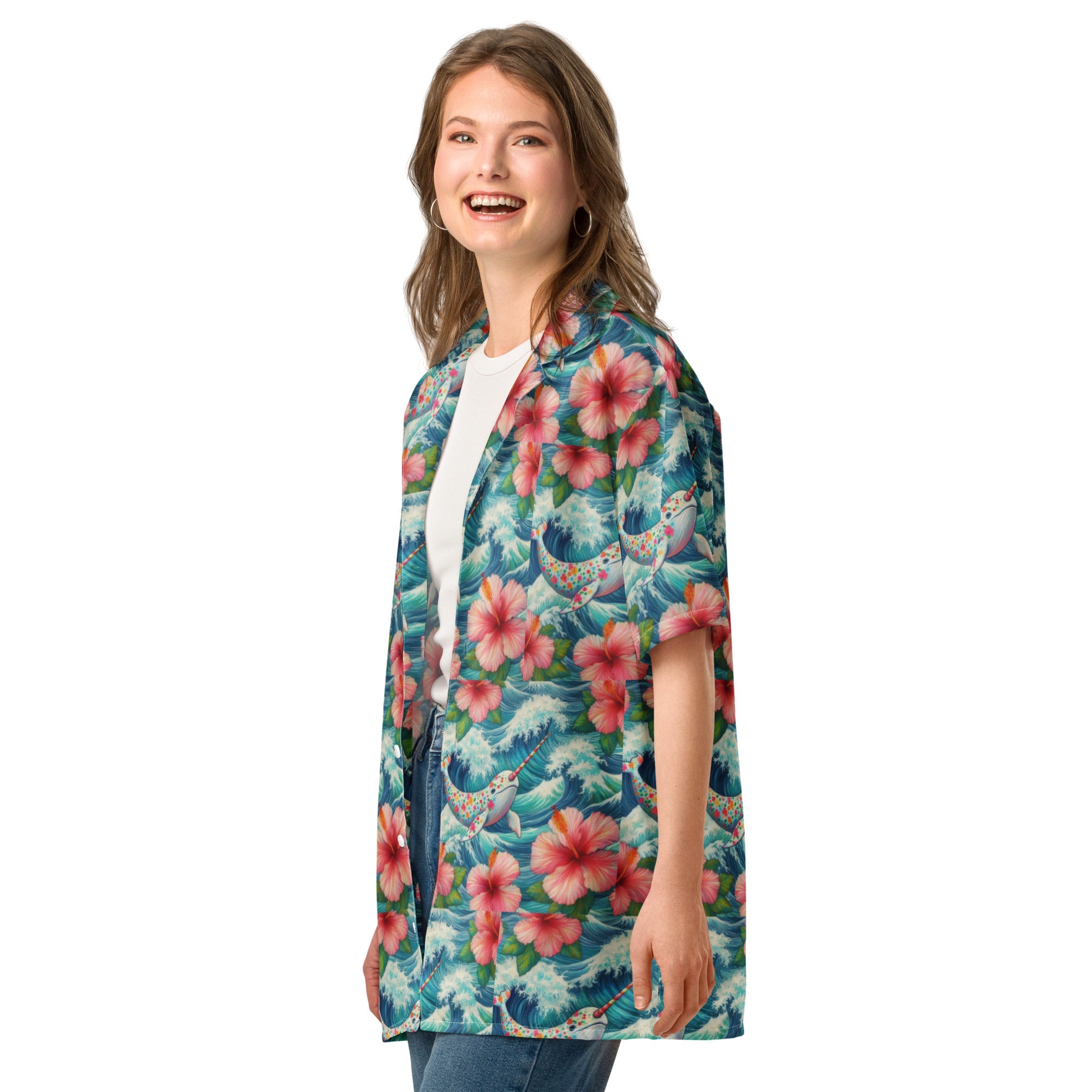 Proud Narwhal with Hibiscus Unisex button shirt - Gregg Acini Adoree Designs - Button Down Shirt