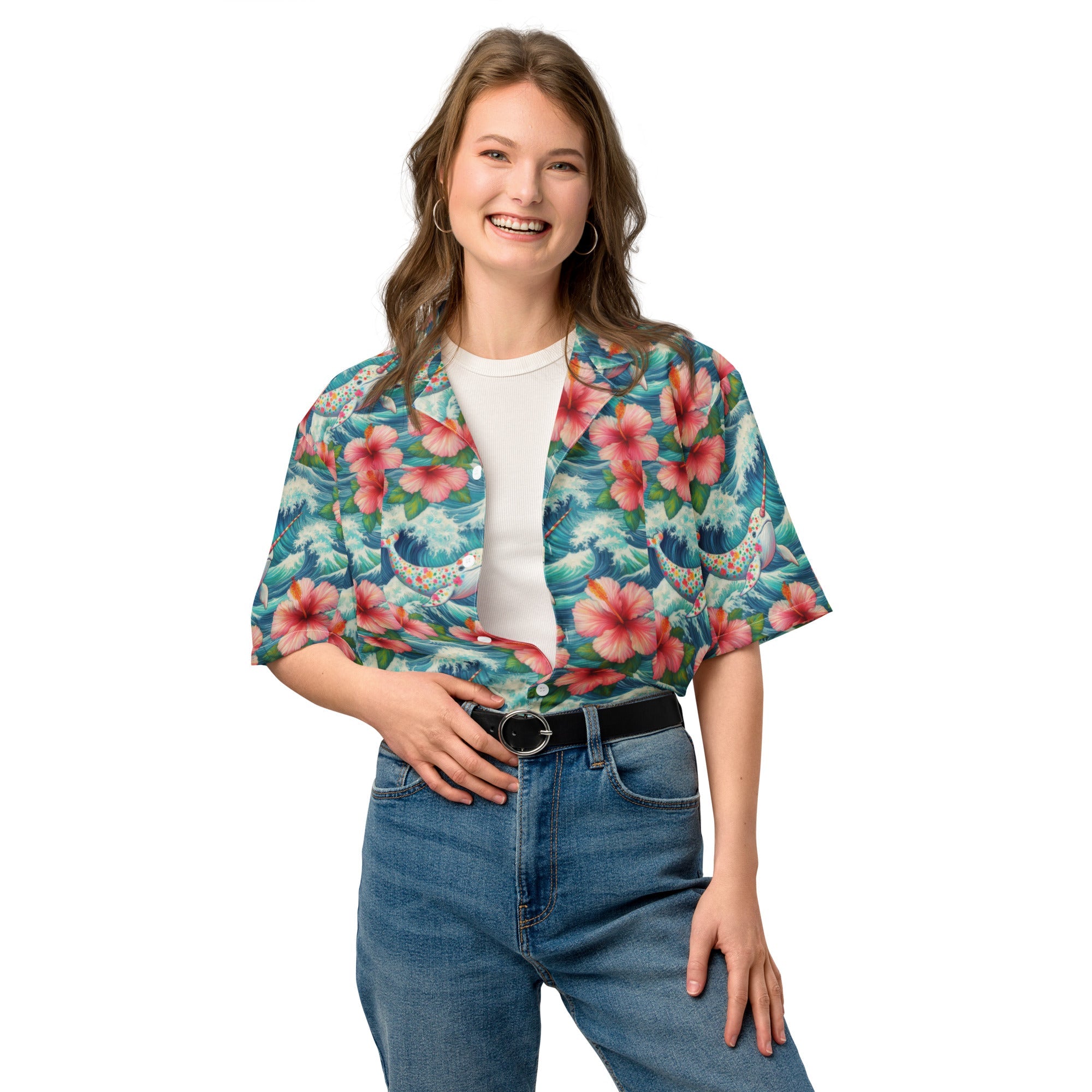 Proud Narwhal with Hibiscus Unisex button shirt - Gregg Acini Adoree Designs - Button Down Shirt