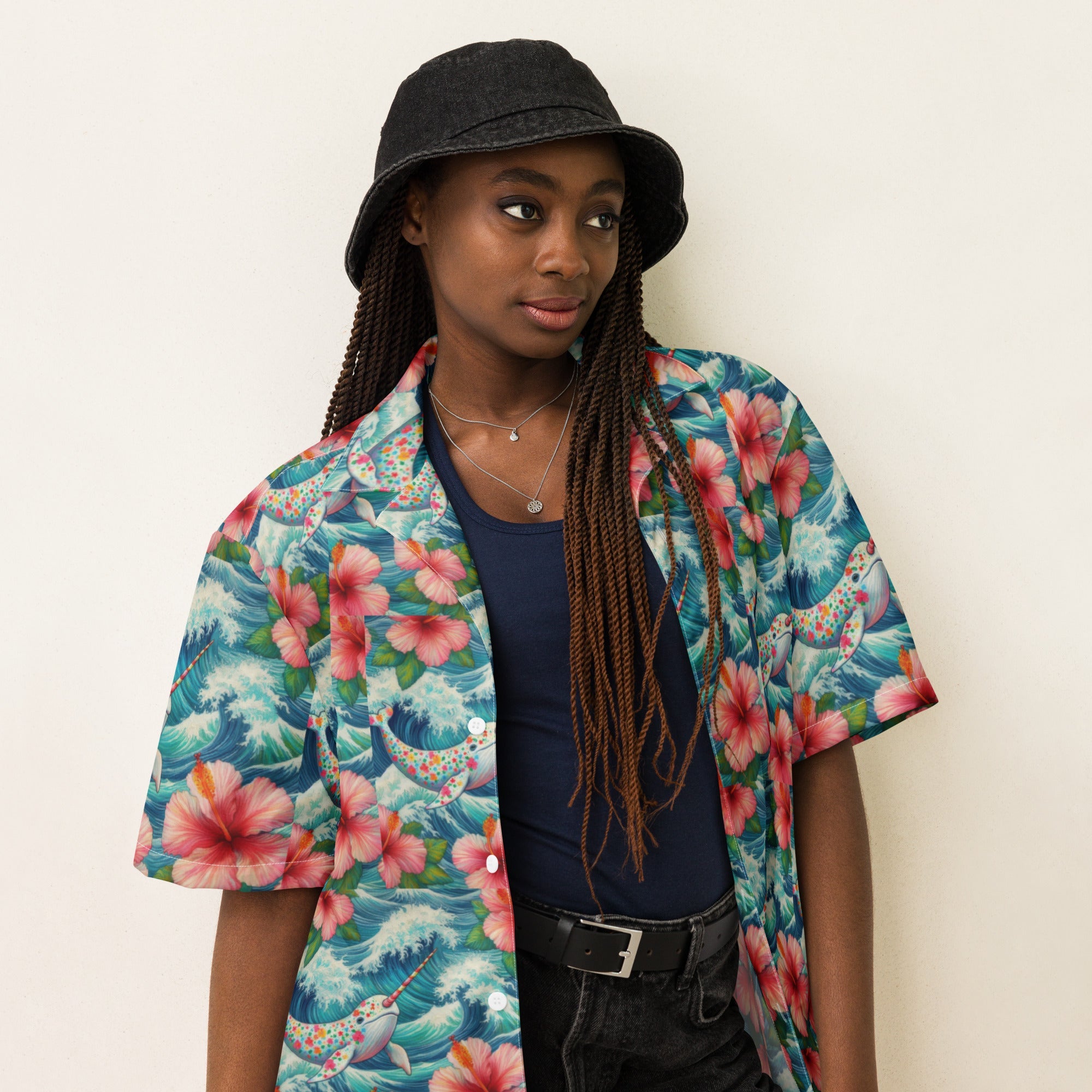 Proud Narwhal with Hibiscus Unisex button shirt - Gregg Acini Adoree Designs - Button Down Shirt