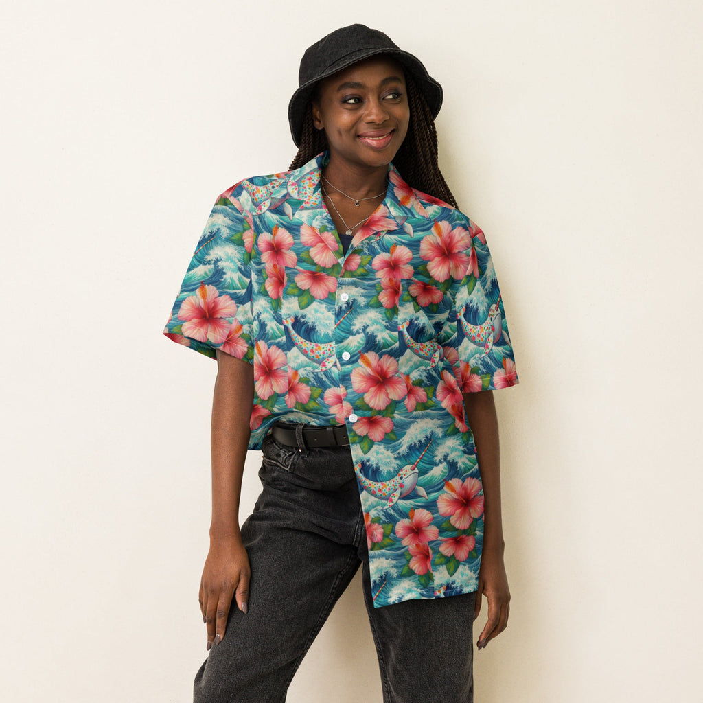 Proud Narwhal with Hibiscus Unisex button shirt - Gregg Acini Adoree Designs - Button Down Shirt
