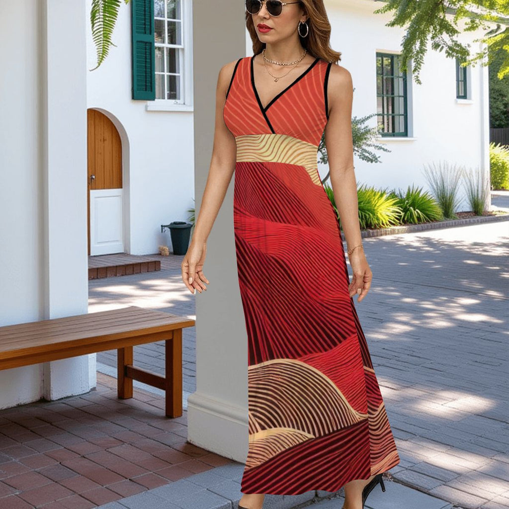 Red Line Abstract Sleeveless Maxi Dress - Gregg Acini Adoree Designs - Dress