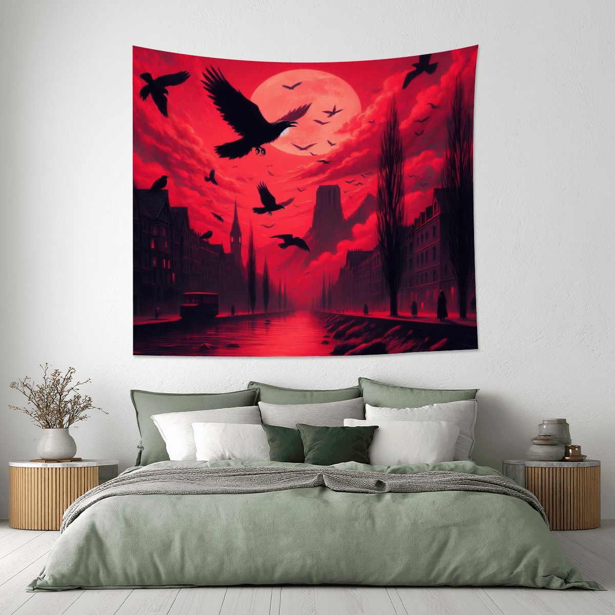 Red Sunset with Crows Lightweight Wall Tapestry (Fabric Wall Hanging - USA) - Gregg Acini Adoree Designs - Wall Coverings
