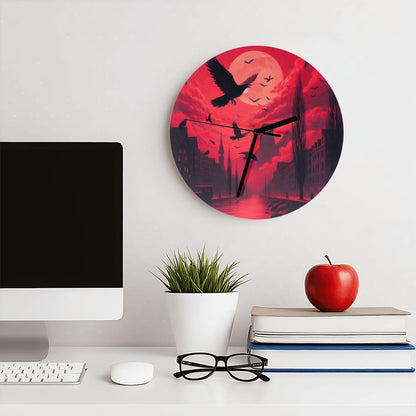 Red Sunset with Crows MDF Wall Clock (Made in USA) - Gregg Acini Adoree Designs - Wall Clock