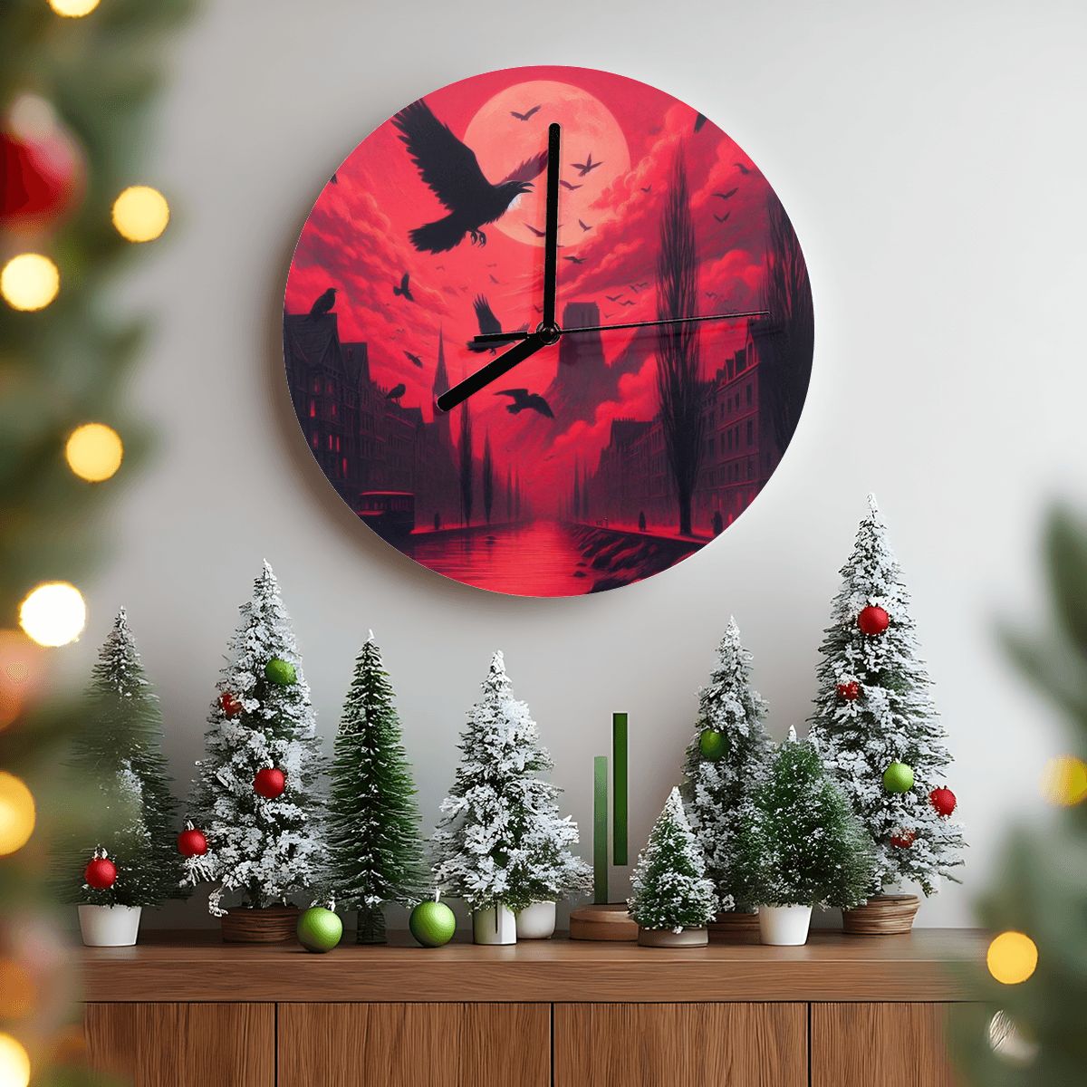 Red Sunset with Crows MDF Wall Clock (Made in USA) - Gregg Acini Adoree Designs - Wall Clock
