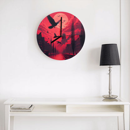 Red Sunset with Crows MDF Wall Clock (Made in USA) - Gregg Acini Adoree Designs - Wall Clock