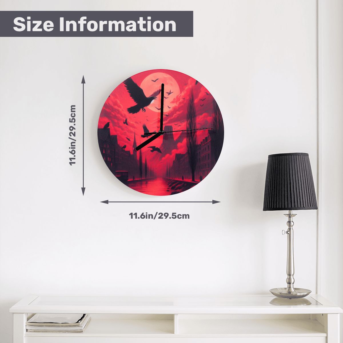 Red Sunset with Crows MDF Wall Clock (Made in USA) - Gregg Acini Adoree Designs - Wall Clock