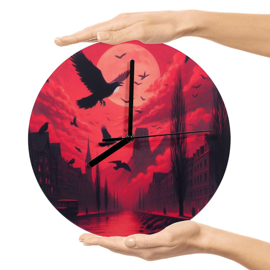 Red Sunset with Crows MDF Wall Clock (Made in USA) - Gregg Acini Adoree Designs - Wall Clock