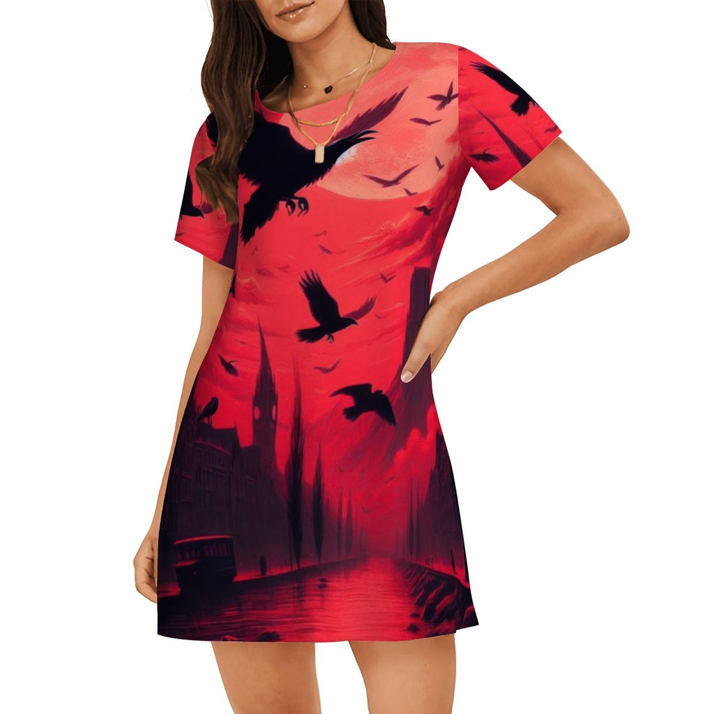 Red Sunset with Crows Women's Loose Short - Sleeve Nightgown - Gregg Acini Adoree Designs - Women's Pajamas