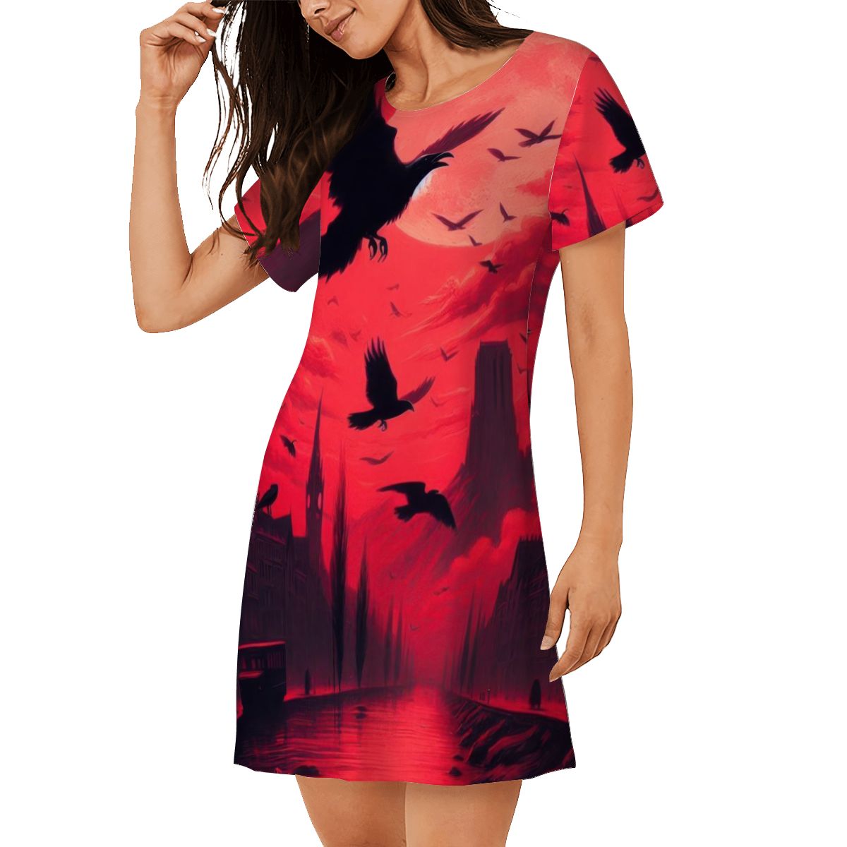 Red Sunset with Crows Women's Loose Short - Sleeve Nightgown - Gregg Acini Adoree Designs - Women's Pajamas