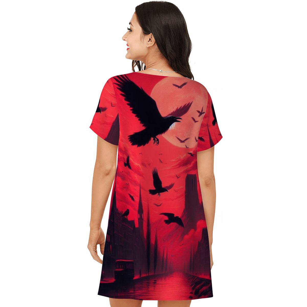 Red Sunset with Crows Women's Loose Short - Sleeve Nightgown - Gregg Acini Adoree Designs - Women's Pajamas