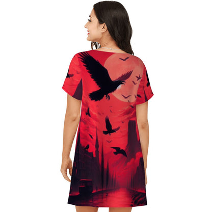 Red Sunset with Crows Women's Loose Short - Sleeve Nightgown - Gregg Acini Adoree Designs - Women's Pajamas