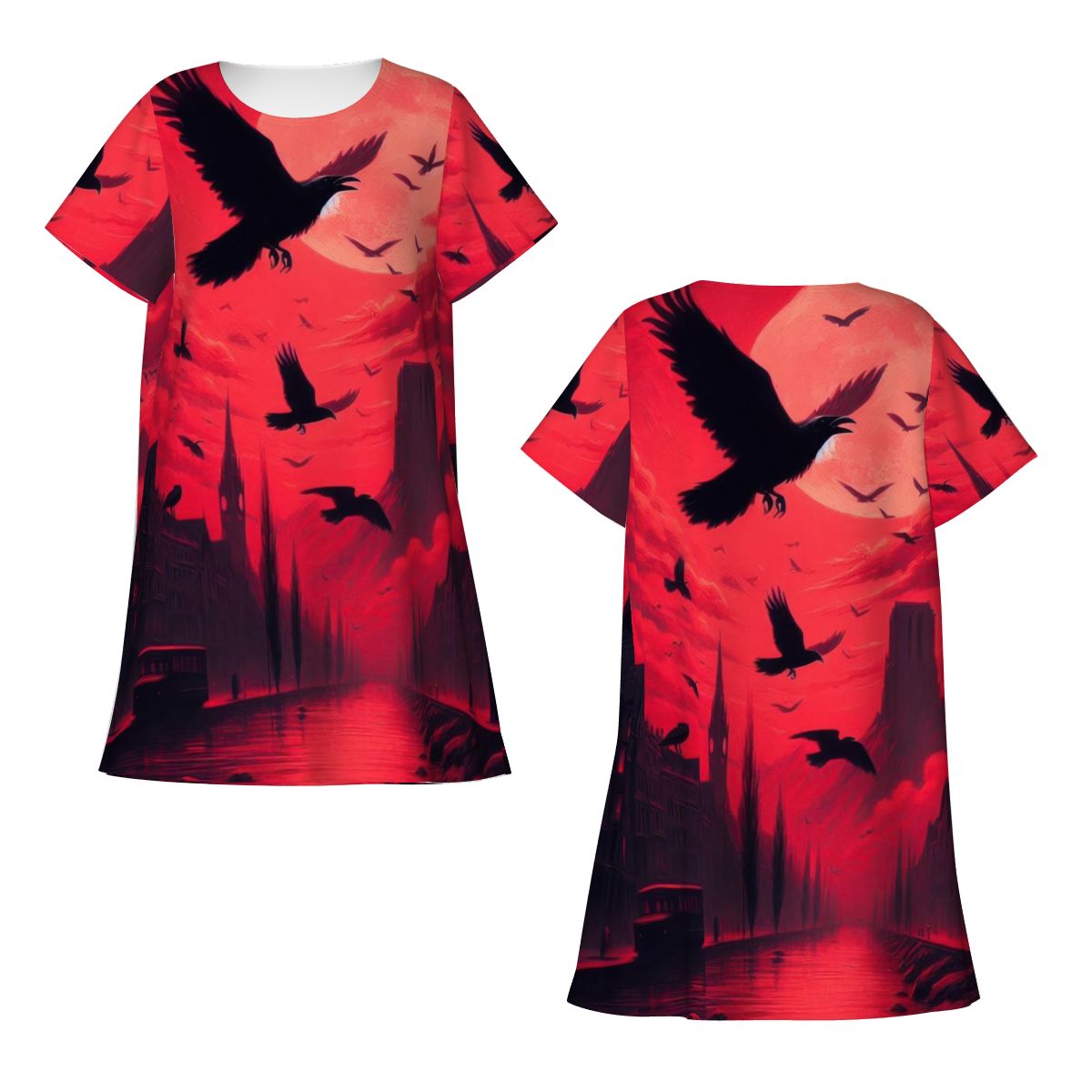Red Sunset with Crows Women's Loose Short - Sleeve Nightgown - Gregg Acini Adoree Designs - Women's Pajamas
