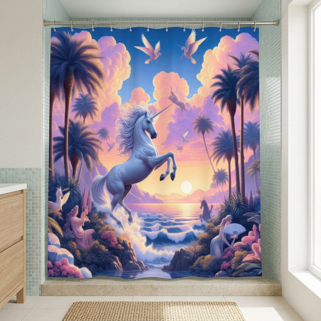 Revised Unicorn Fantasy curtain in a coastal walk-in shower