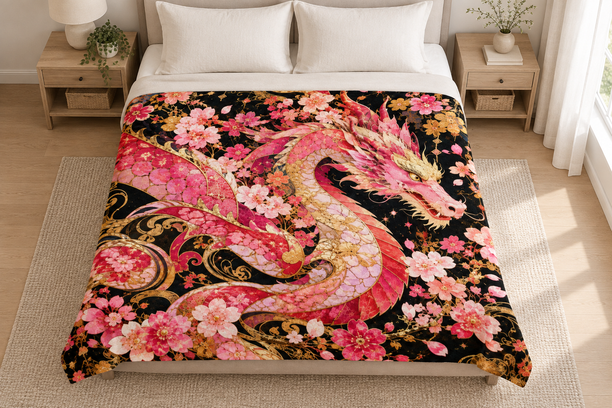 Sakura Dragon blanket bedroom lifestyle