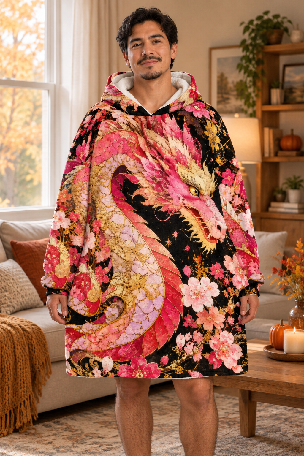 Sakura Dragon blanket hoodie lifestyle