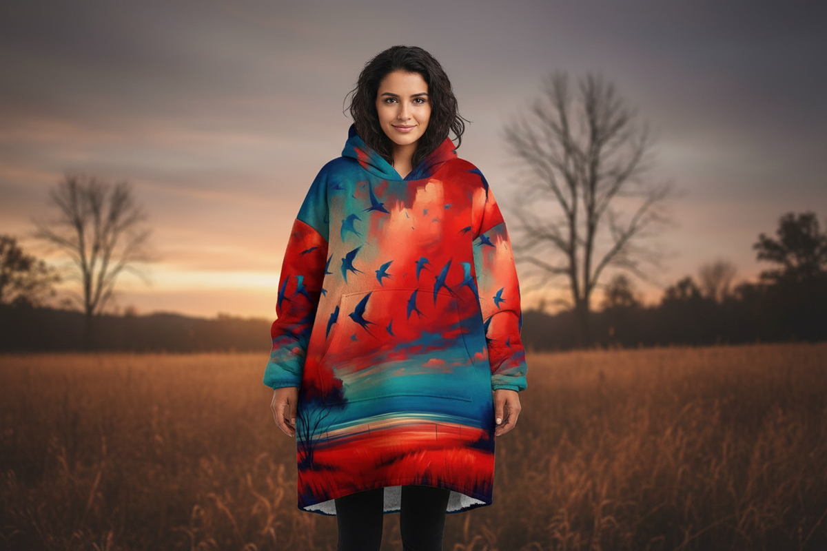 Scarlet and Turquoise Sunset Blanket Hoodie Lifestyle